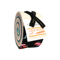 Roll of fabric with colorful pattern and a label on a white background