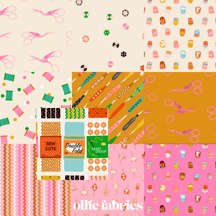 A collage of colorful fabric pattern swatches with sewing-themed illustrations, including scissors, thread spools, pins, and buttons, with the text 'Ollie Fabrics' at the bottom.