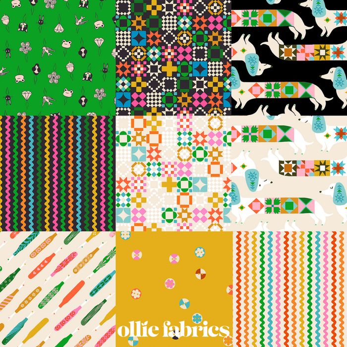 A collage of colorful fabric pattern swatches with sewing-themed illustrations, including seam rippers, stripes, quilty dogs, pins, and buttons, with the text 'Ollie Fabrics' at the bottom.