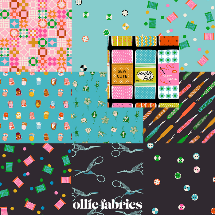 A collage of colorful fabric pattern swatches with sewing-themed illustrations, including scissors, thread spools, seam rippers, and buttons, with the text 'Ollie Fabrics' at the bottom.