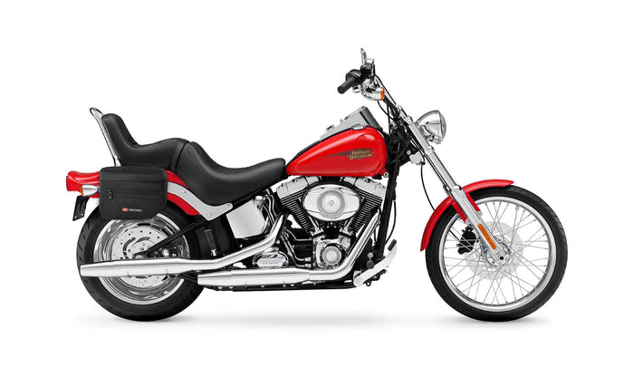 8L - Patriot Small Throw Over Saddlebags for Harley Softail Custom FXSTC Bag on Bike @expand