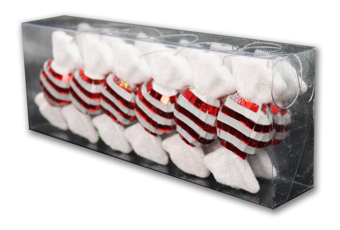 12 Pack of Red and White Candy Ornaments with Glitter Enhancements