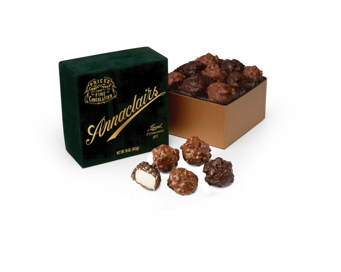 A collectible replica box of Annaclairs chocolates, with an assortment of milk and dark chocolate candies displayed in front.