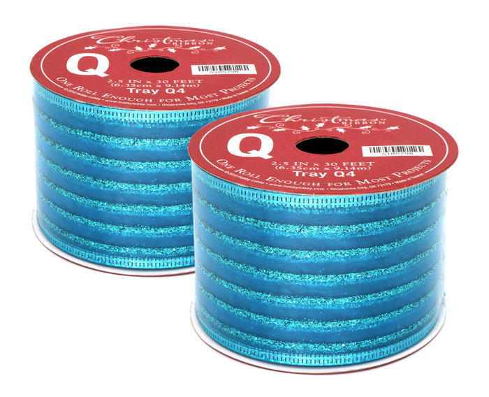 2 Pack of 30' Aqua Ribbon with Thin Glitter Stripes