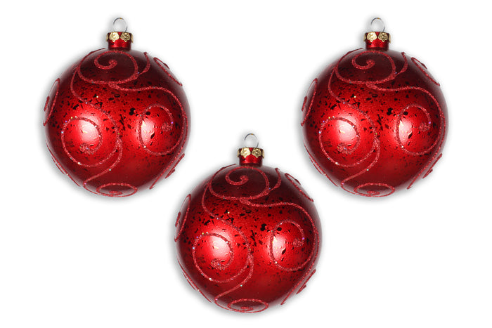 3 Pack 140mm Red Ball Ornament with Red Glitter Design