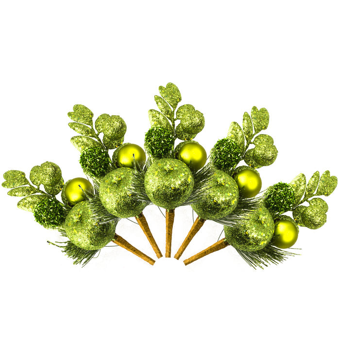 5 Pack of 11" Lime Green, Apple, Leaf, Spray, and Ball Pick with Glitter Enhancements