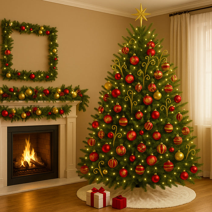 9' Sequoia Garland with Warm White LED Lights and Traditional Themed Ornaments
