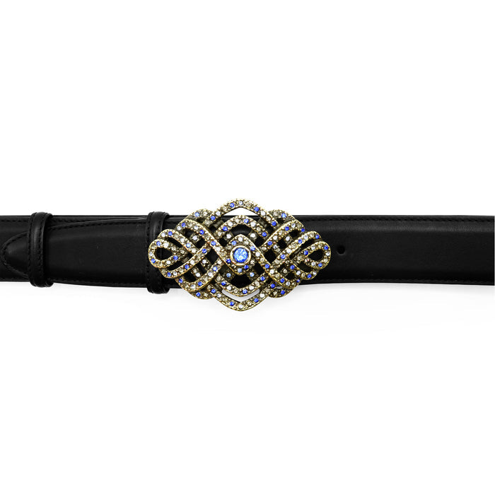 Elliot Rhodes Aged Gold Art Deco belt buckle with Swarovski crystals and lightweight openwork geometric design