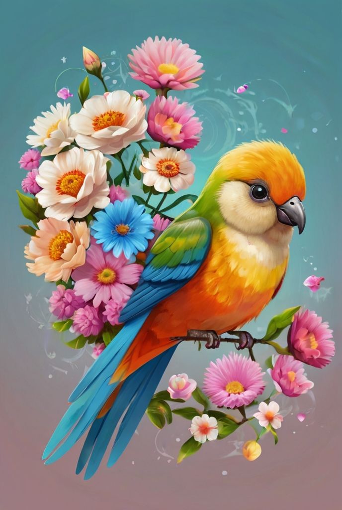 Beautiful Bird on Flowers Branch