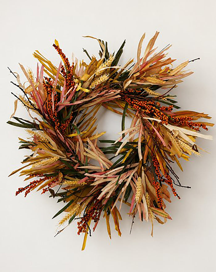Beige and Brown Leafy Wreath with Burgundy Berry Accents
