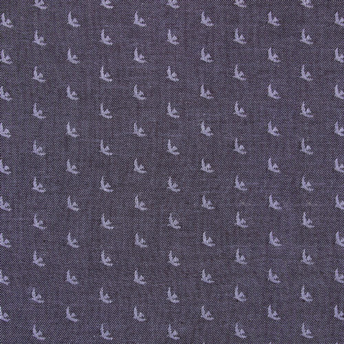 Patterned fabric with small stitched birds on a dark blue background