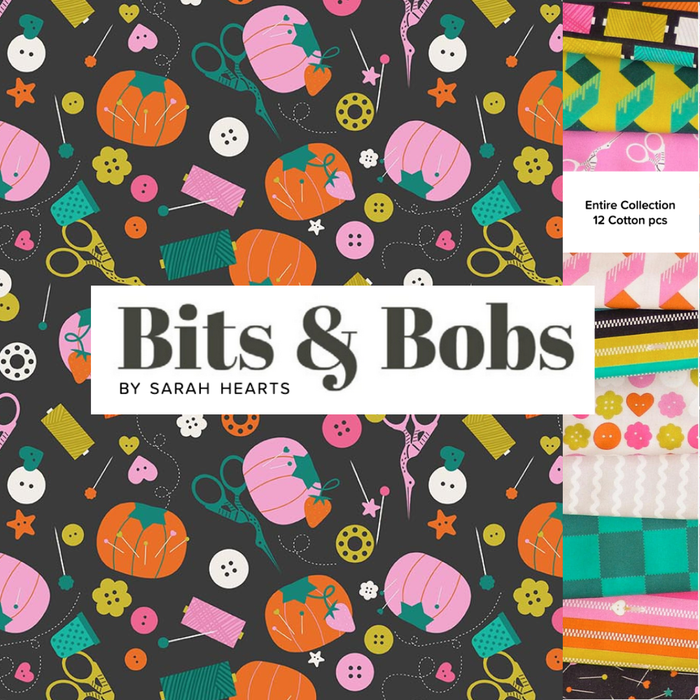 Collection of Bits & Bobs by Sarah Hearts with fabric swatches on a dark background
