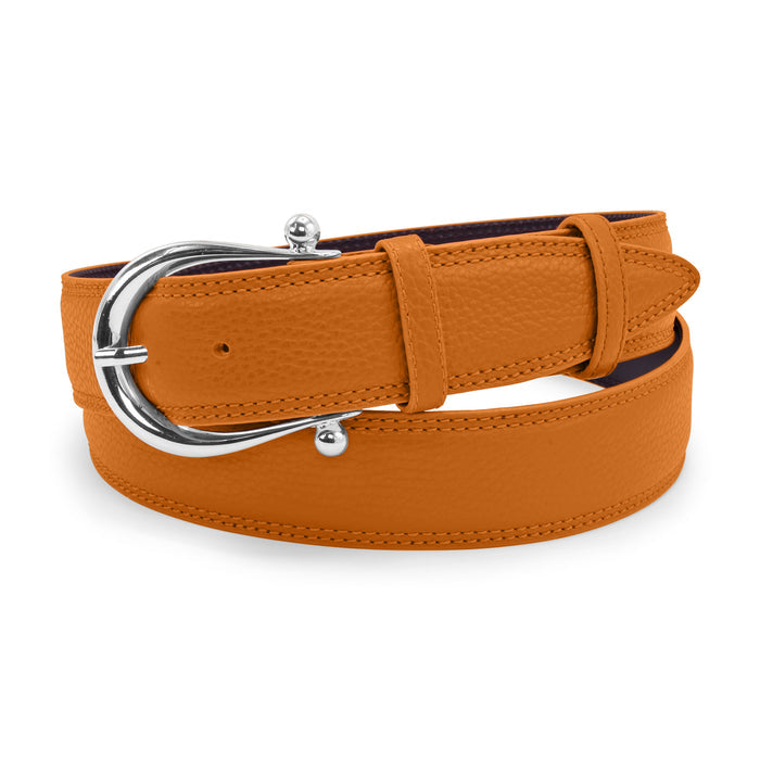 Burnt Orange Bogart Welt tumbled leather belt with equestrian buckle - Elliot Rhodes