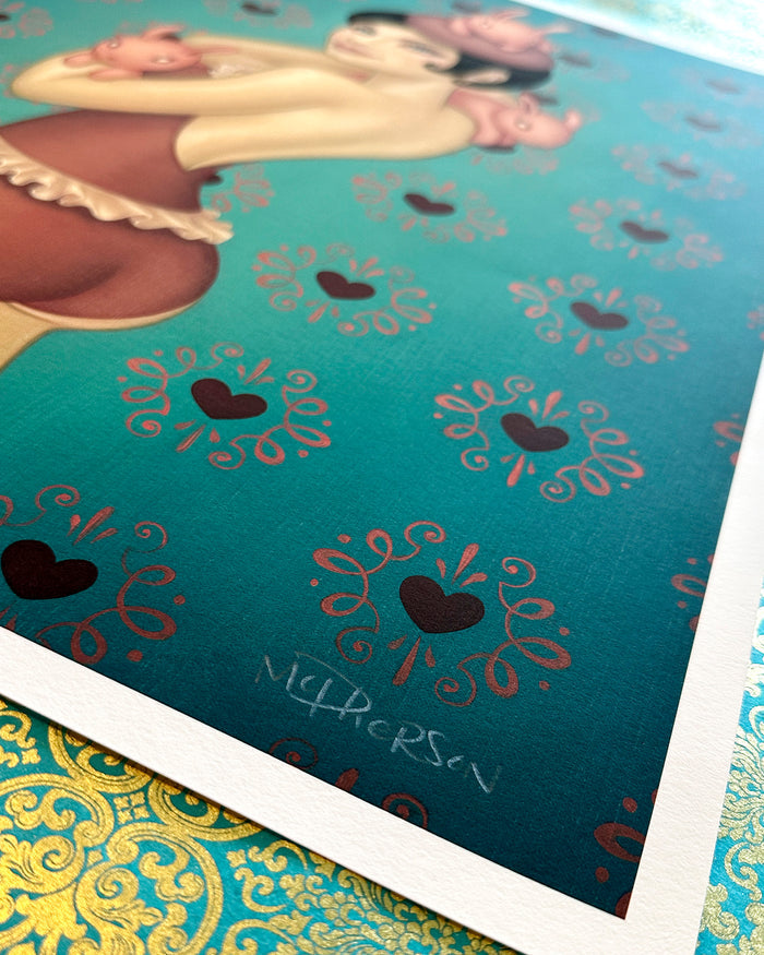 McPherson signature on a print of a woman with decorative elements on a teal background