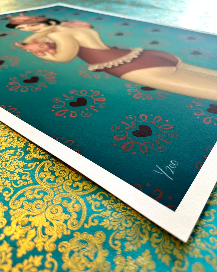 Poster with a stylized illustration of a woman on a decorative surface