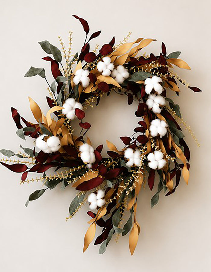 Burgundy, Tan and Green Leafy Wreath with Cotton Accents