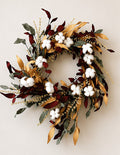Burgundy, Tan and Green Leafy Wreath with Cotton Accents