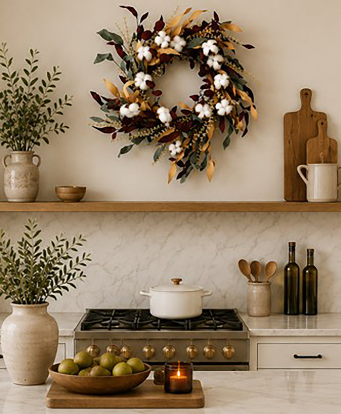 Burgundy, Tan and Green Leafy Wreath with Cotton Accents