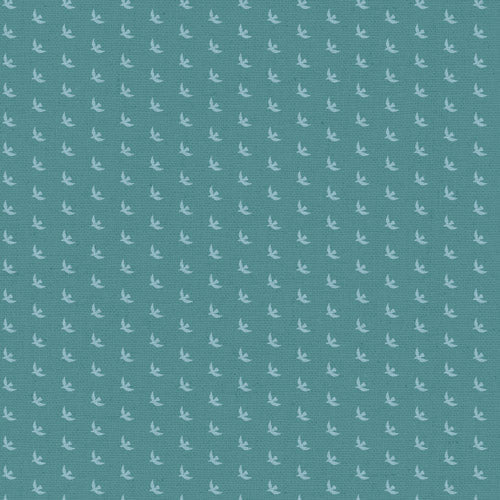 A repeating pattern of small white bird silhouettes on a muted teal background.
