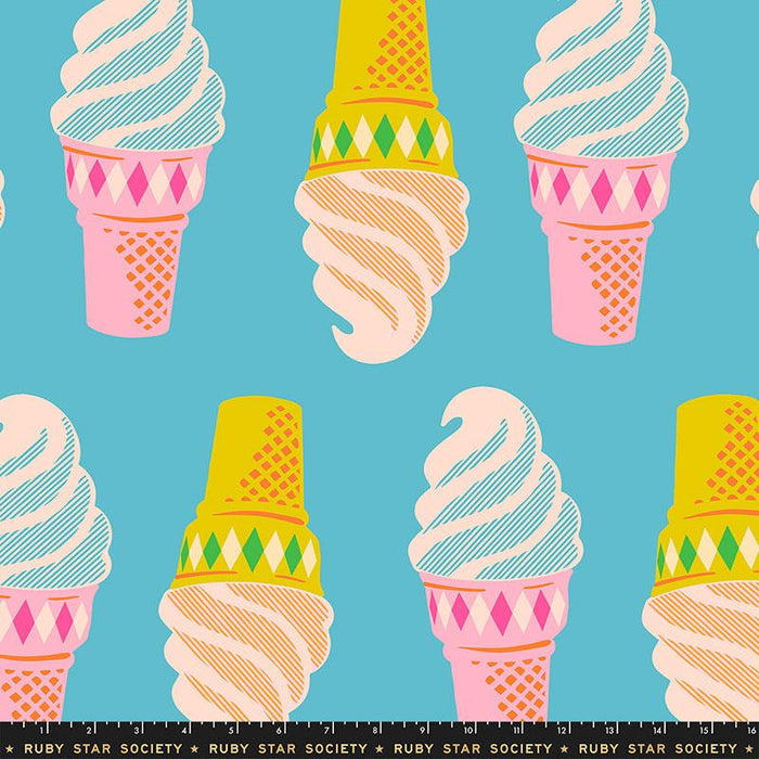 Large colorful ice cream cones on a blue-green background, with a Ruby Star Society ruler at the bottom for scale.