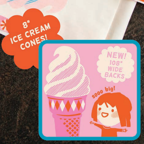 A close-up of a colorful printed card or insert featuring an illustrated ice cream cone on a pink background, with text reading '8" ICE CREAM CONES!' and 'NEW! 108" WIDE BACKS sooo big!'.