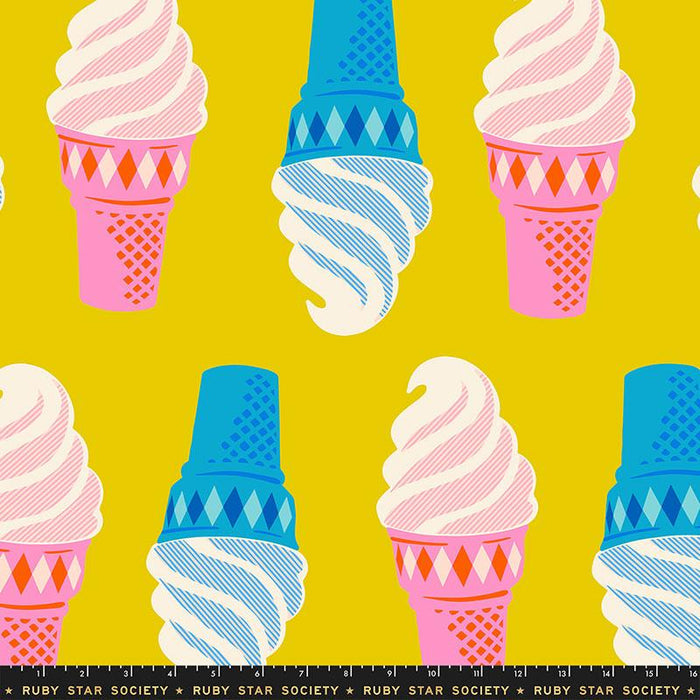 A repeating pattern of stylized ice cream cones on a bright yellow background, with pink and blue swirls and waffle-cone shapes. A black strip at the bottom reads 'RUBY STAR SOCIETY' repeatedly.