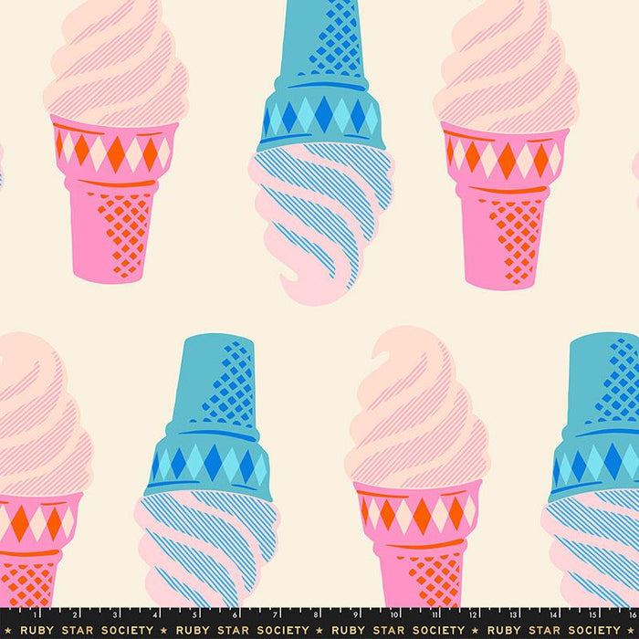 Large pink and blue ice cream cones on an off white background, with a Ruby Star Society ruler at the bottom for scale.