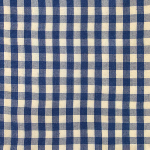 A close-up of a blue and off-white gingham checkered fabric pattern.