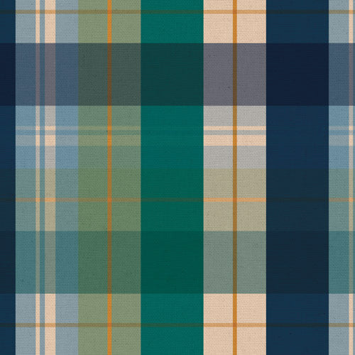 A close-up of a plaid fabric pattern with vertical stripes in teal, green, navy, slate blue, light blue, beige, and thin gold-toned lines.