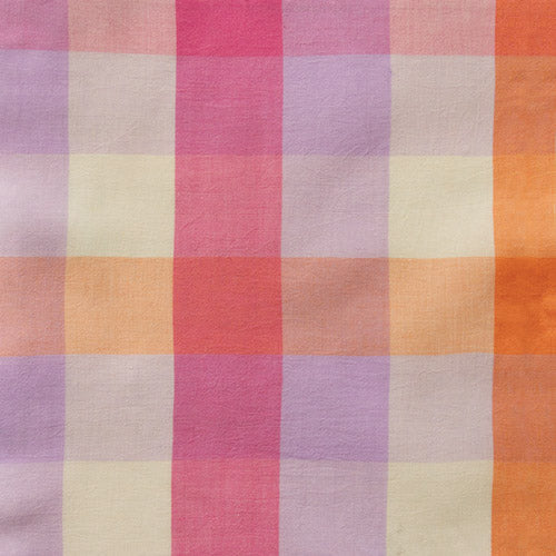 A close-up of a plaid fabric pattern with soft pastel stripes in pink, lavender, orange, peach, and cream.