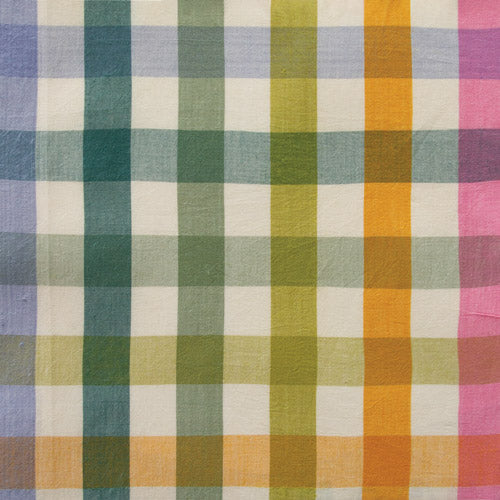 A close-up of a plaid fabric pattern with vertical stripes in blue, green, olive, yellow, orange, and pink over an off-white base.