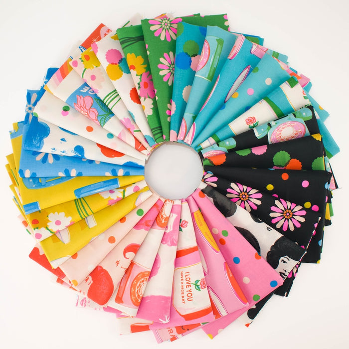 A circular arrangement of colorful patterned fabric swatches on a white background, featuring floral, polka dot, animal, and vintage-style prints in pink, blue, green, yellow, black, and orange.