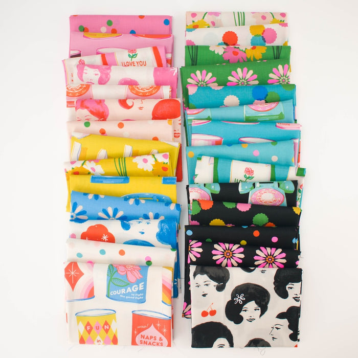 Two vertical stacks of folded fabric samples with colorful retro patterns, including floral prints, polka dots, vintage cars, and illustrated faces, displayed on a white background.
