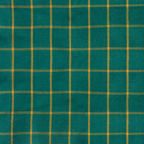 A close-up of a teal green fabric with a yellow grid plaid pattern.