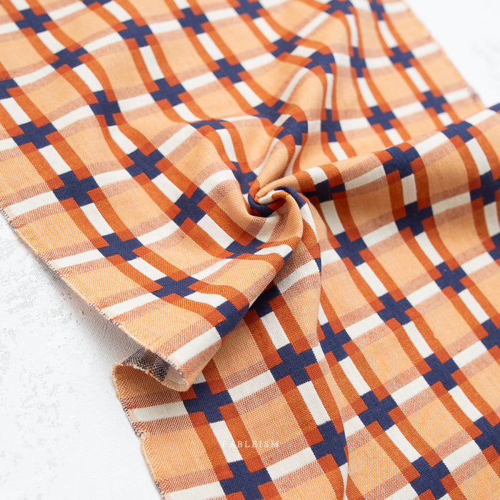 Close-up of orange, blue, and white checkered fabric