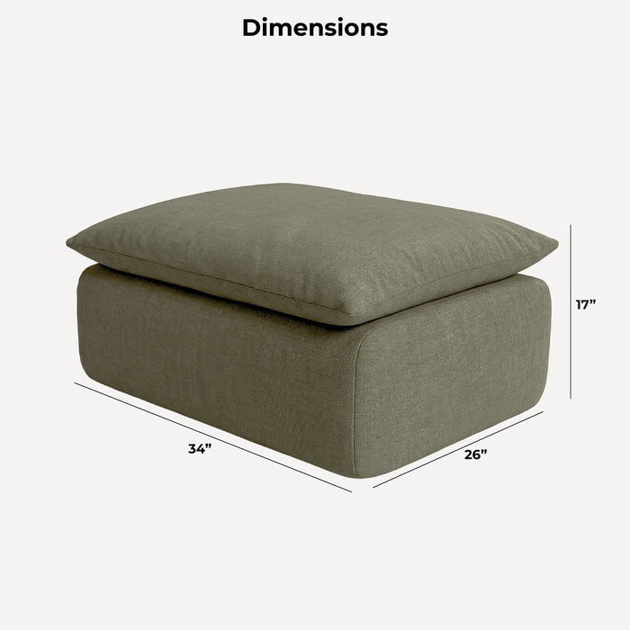 A square ottoman or floor cushion with a top cushion resting on a boxy base, shown with dimension labels reading 34 inches wide, 26 inches deep, and 17 inches high on a light gray background.  #color_olive-green-terra-knit
