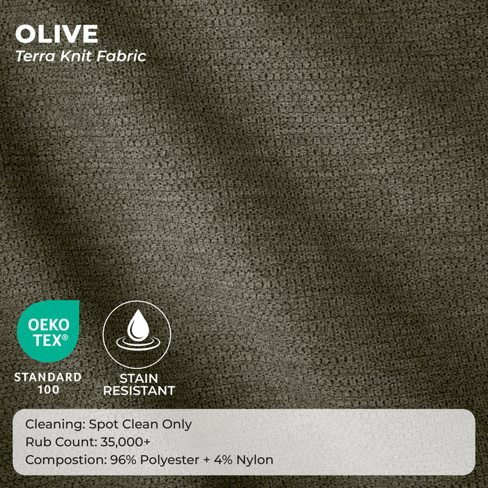 Olive green knitted fabric with Oeko-Tex and anti-stain certification logos on a dark background. #color_olive-green-terra-knit