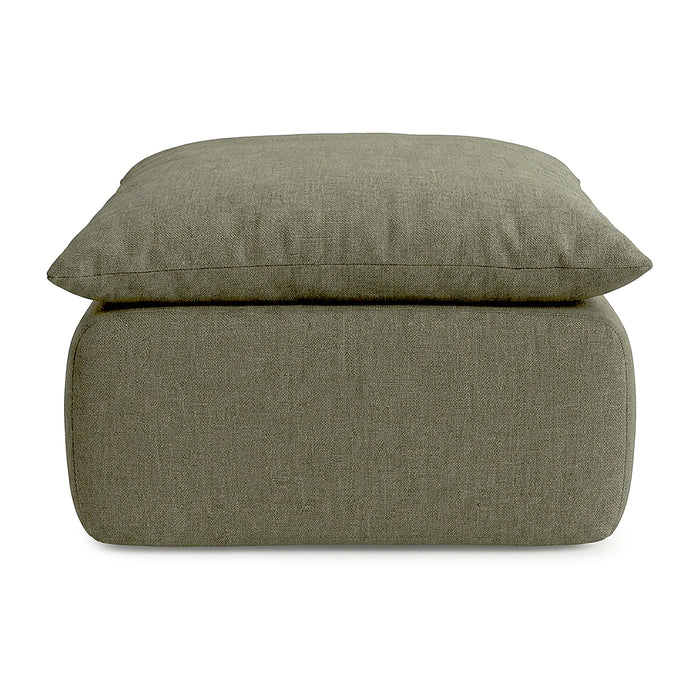 Green upholstered ottoman with a cushion on a white background #color_olive-green-terra-knit