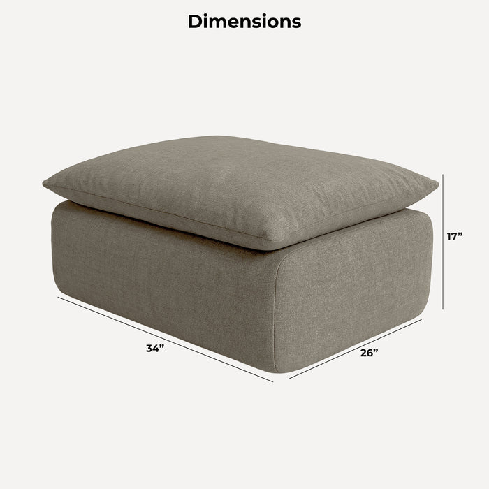 A gray upholstered ottoman or floor cushion with a matching top cushion, shown with dimension labels and lines indicating 34 by 26 by 17 inches on a light gray background. #color_misty-gray-terra-knit