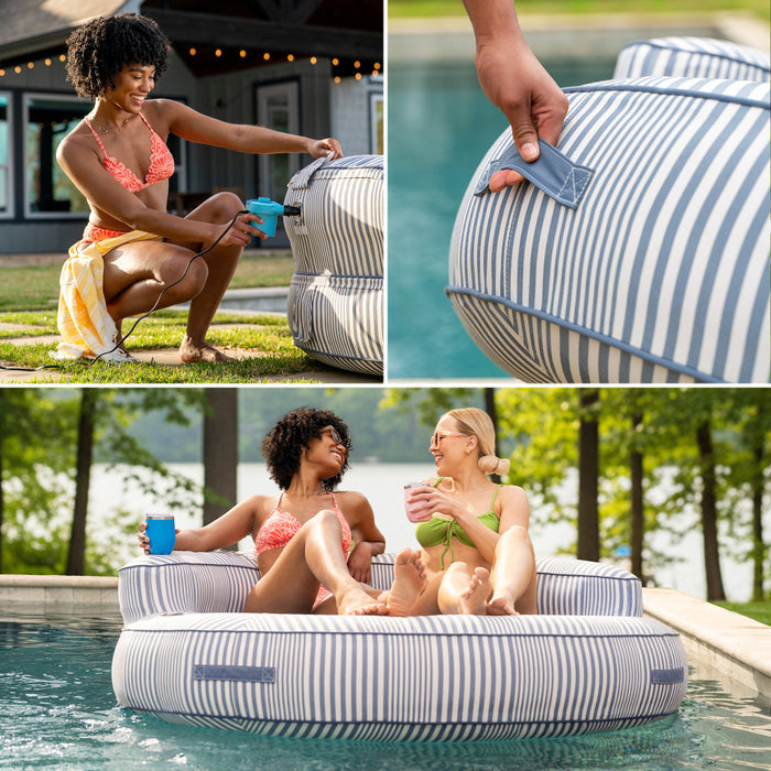 Collage of a striped inflatable pool float being used by people by a pool and on grass. #color_weekend-navy-stripe-olefin
