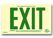 Exit Sign, Photoluminescent - Glowing Plastic Face - Green Letters - UL Listed