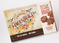 Packaging of Famous Texas Brags, showing an image of the chocolate candies and text describing the product.