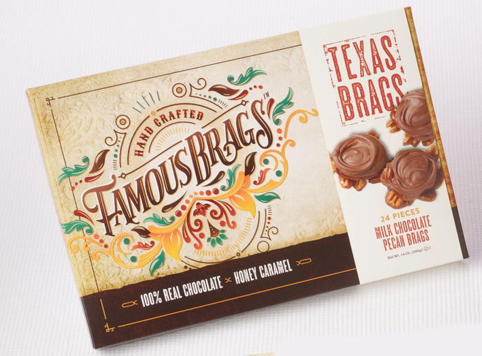 Packaging of Famous Texas Brags, showing an image of the chocolate candies and text describing the product.