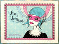 Illustration of a woman with blue hair and a pink mask, framed by decorative elements and text.