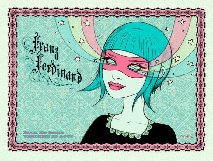 Illustrated poster featuring a stylized woman with blue hair and a pink mask, with the text 'Franz Ferdinand' and 'Rock En Seine' above a decorative border.