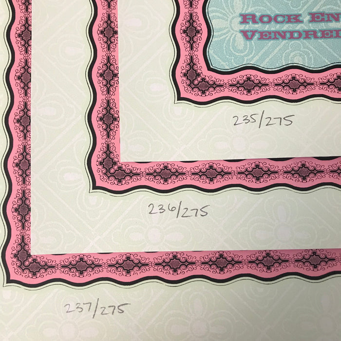 Detail image of the print numbering from Tara McPherson's Franz Ferdinand gig poster