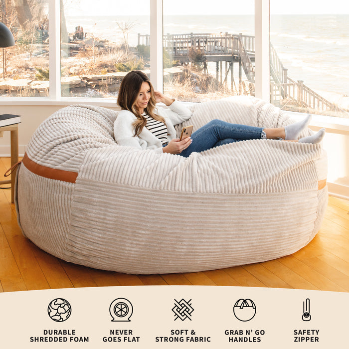 Features and Benefits for the gigantic bean bag #color_vanilla-latte-corded-plush
