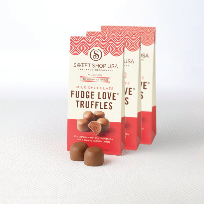 Sweet Shop USA Fudge Love Truffle Box with 2 truffles visible.