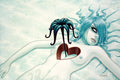 Fine art print featuring a stylized, whimsical illustration of a figure with blue hair and a heart-shaped hole in the center, set against a snowy backdrop.