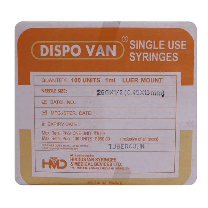HMD Dispovan Disposable Syringe 1ml 26Gx1/2 (Tuberculin)